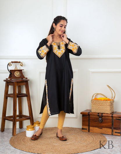 Black Marigold Aari Embroidered Cotton Kurti