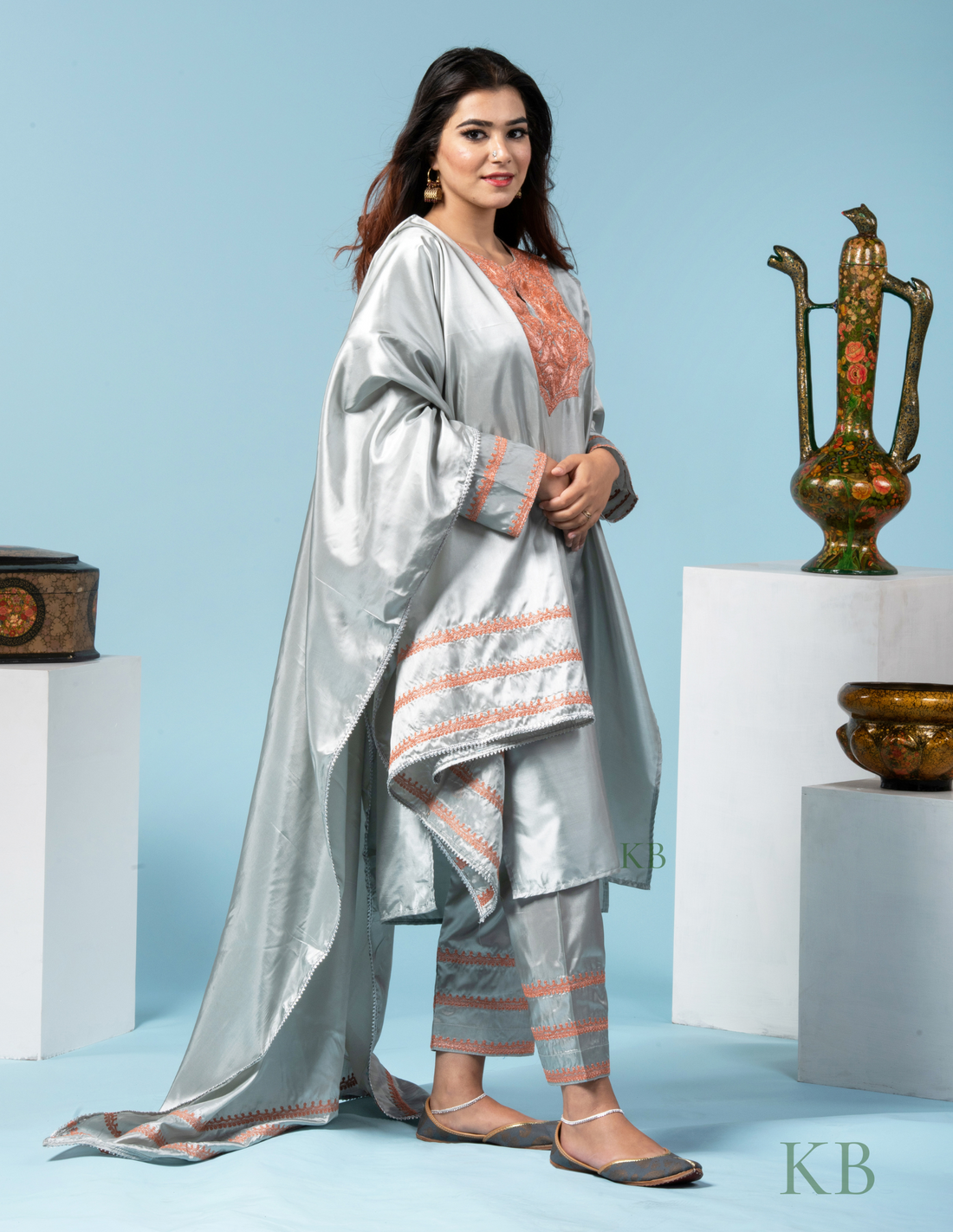 Zaaem Tilla Embroidered Grey Silk Suit with 2.5 Meters Dupatta - Kashmir Box