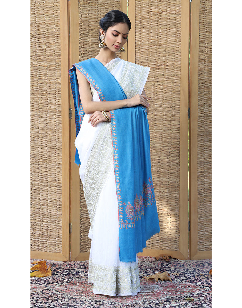 Sky Blue GI Dordaar Cashmere Shawl - KashmirBox.com