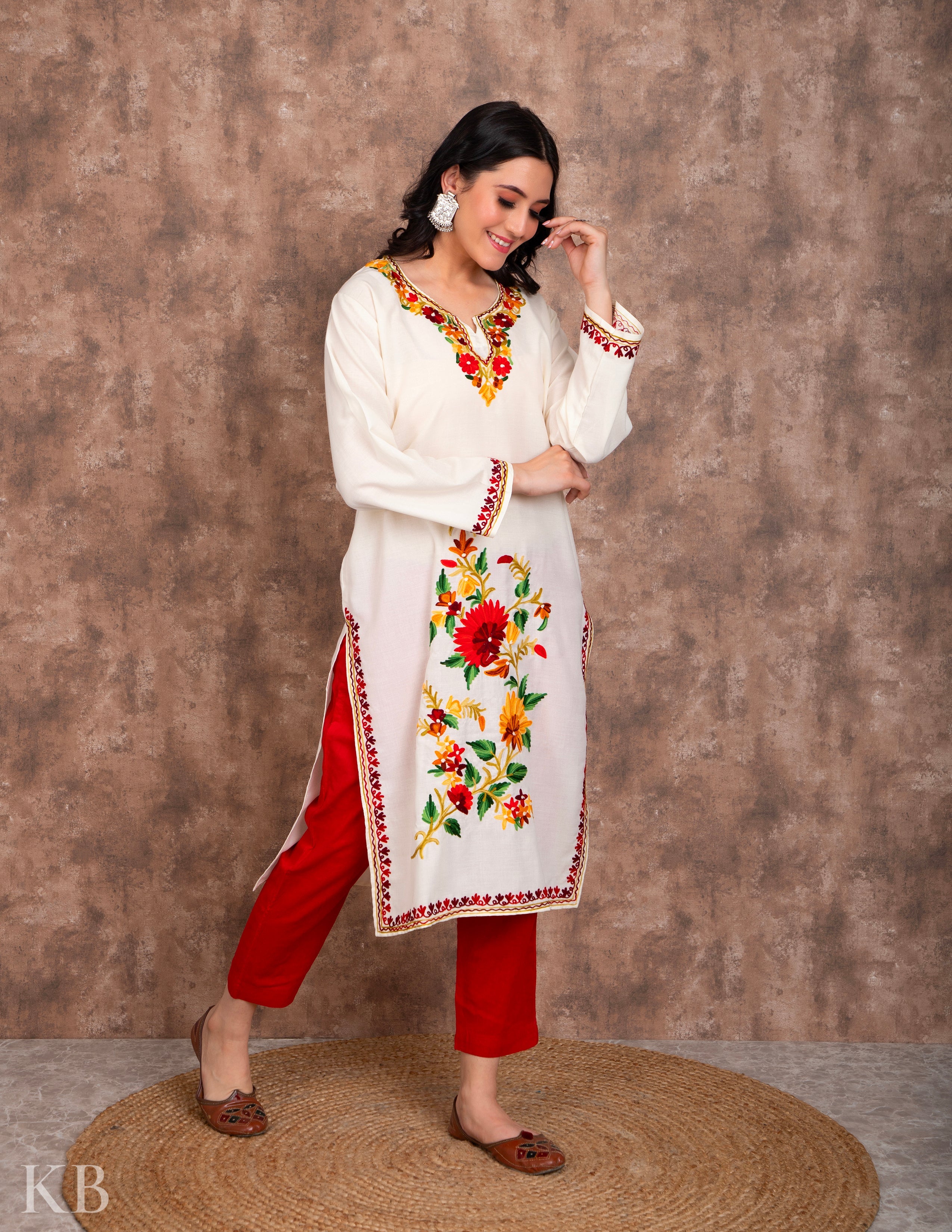 Sunflower Sprout Aari Embroidered Cotton Kurti