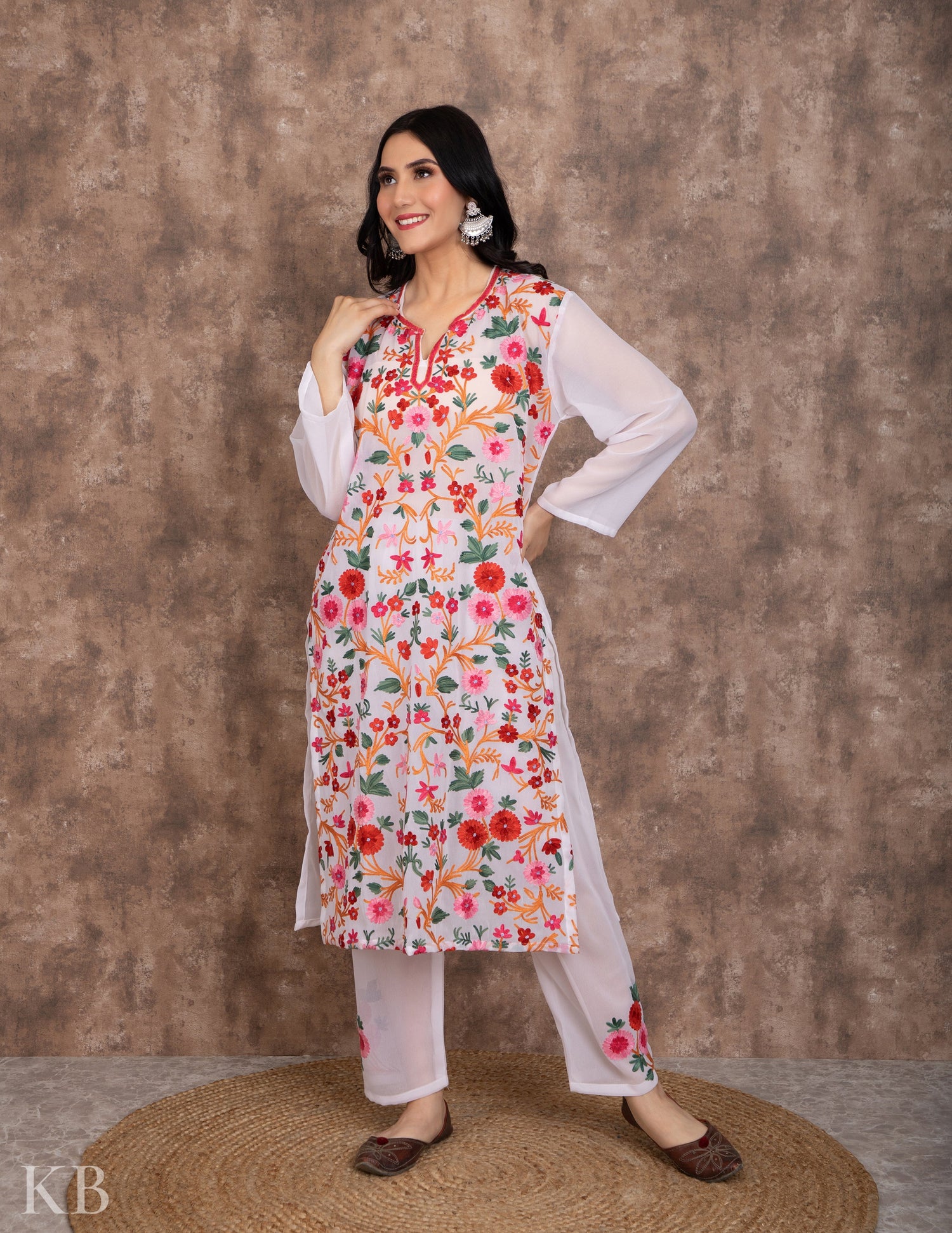 Bahaar White Aari Embroidered Georgette Suit - Kashmir Box