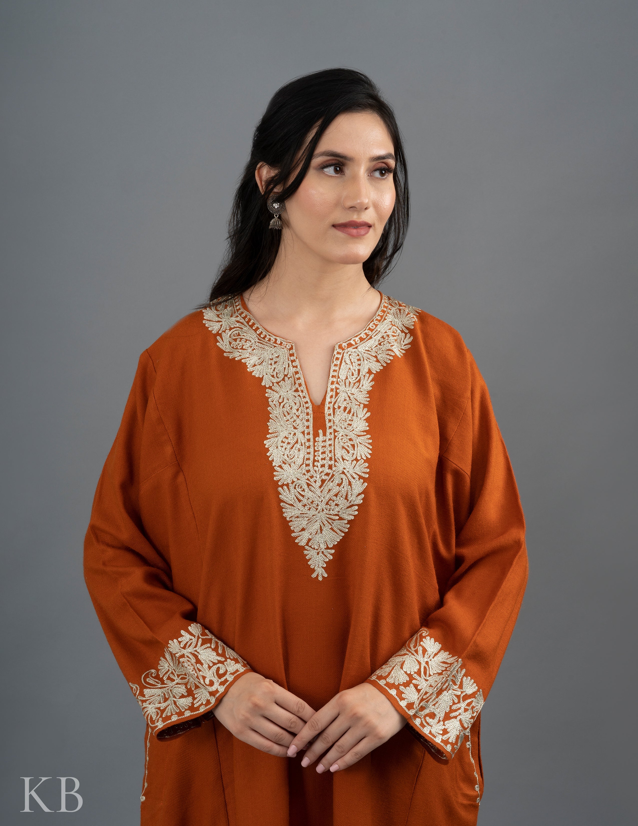 Zari Embroidered Orange Cashmilon Phiran - Kashmir Box