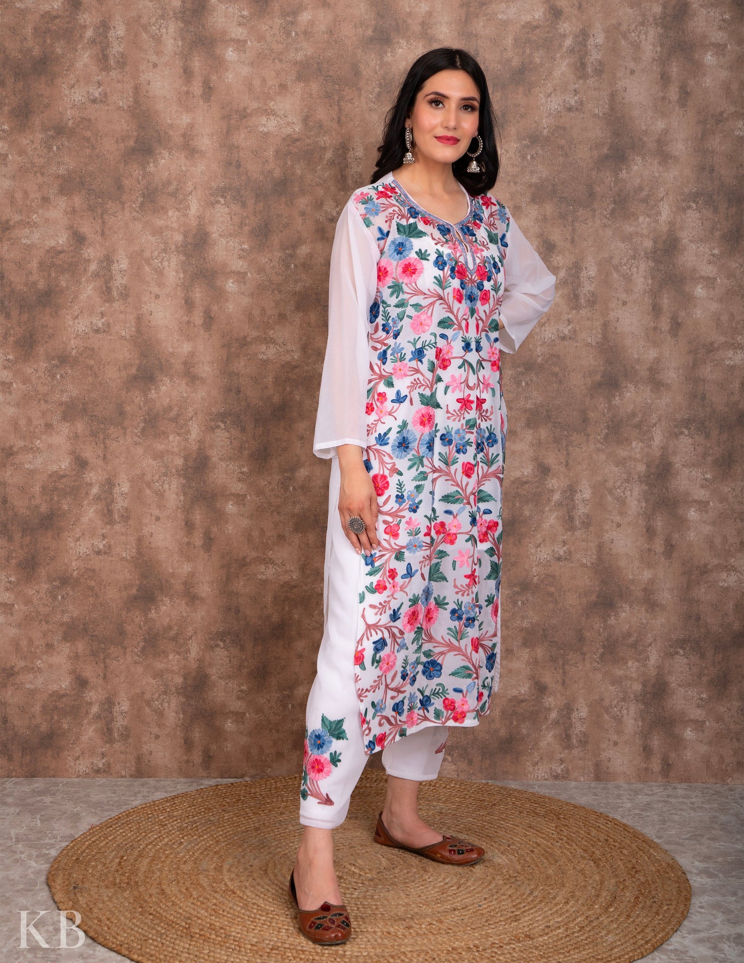 Posh Bahaar White Aari Kari Georgette Suit - Kashmir Box