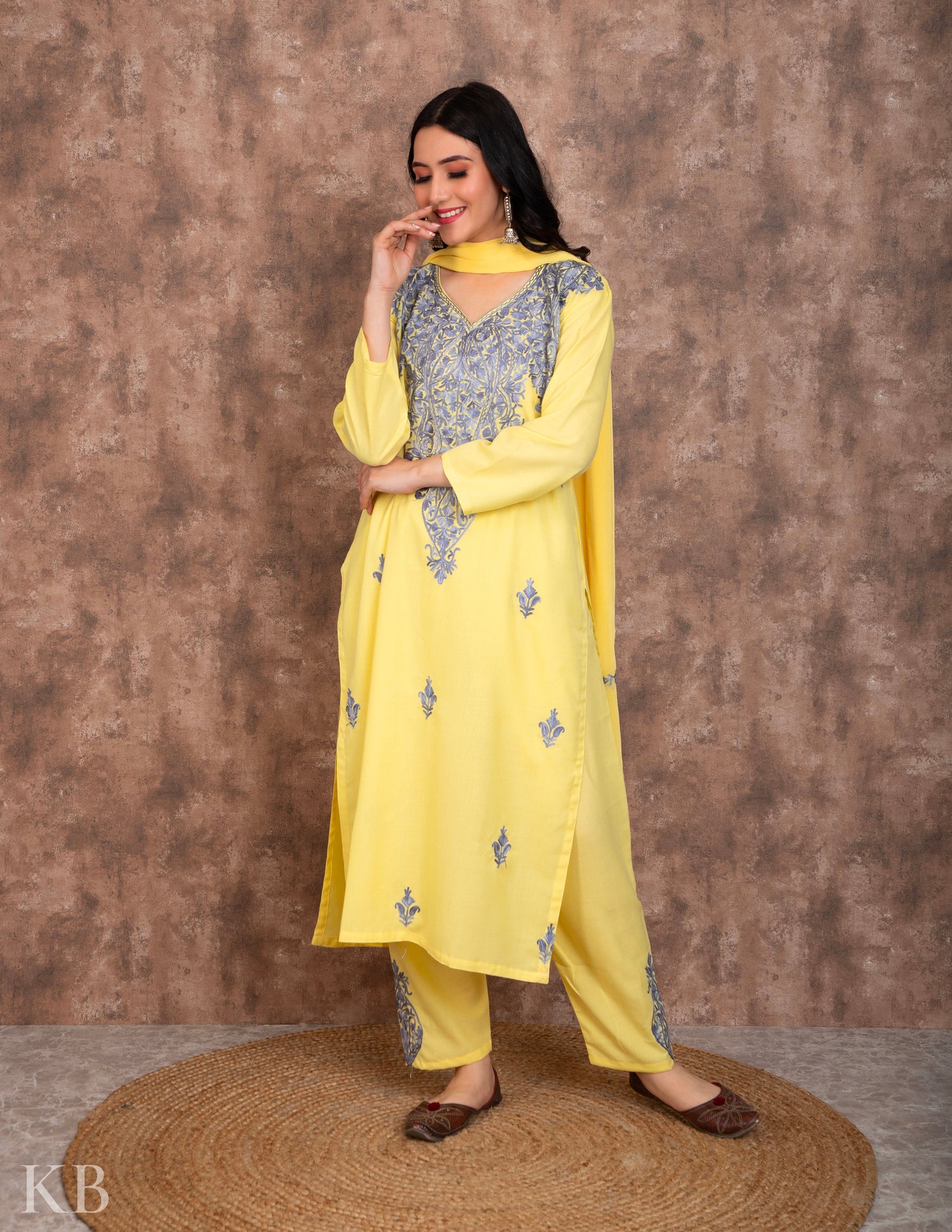 Lemon Aari embroidered Cotton Suit - Kashmir Box