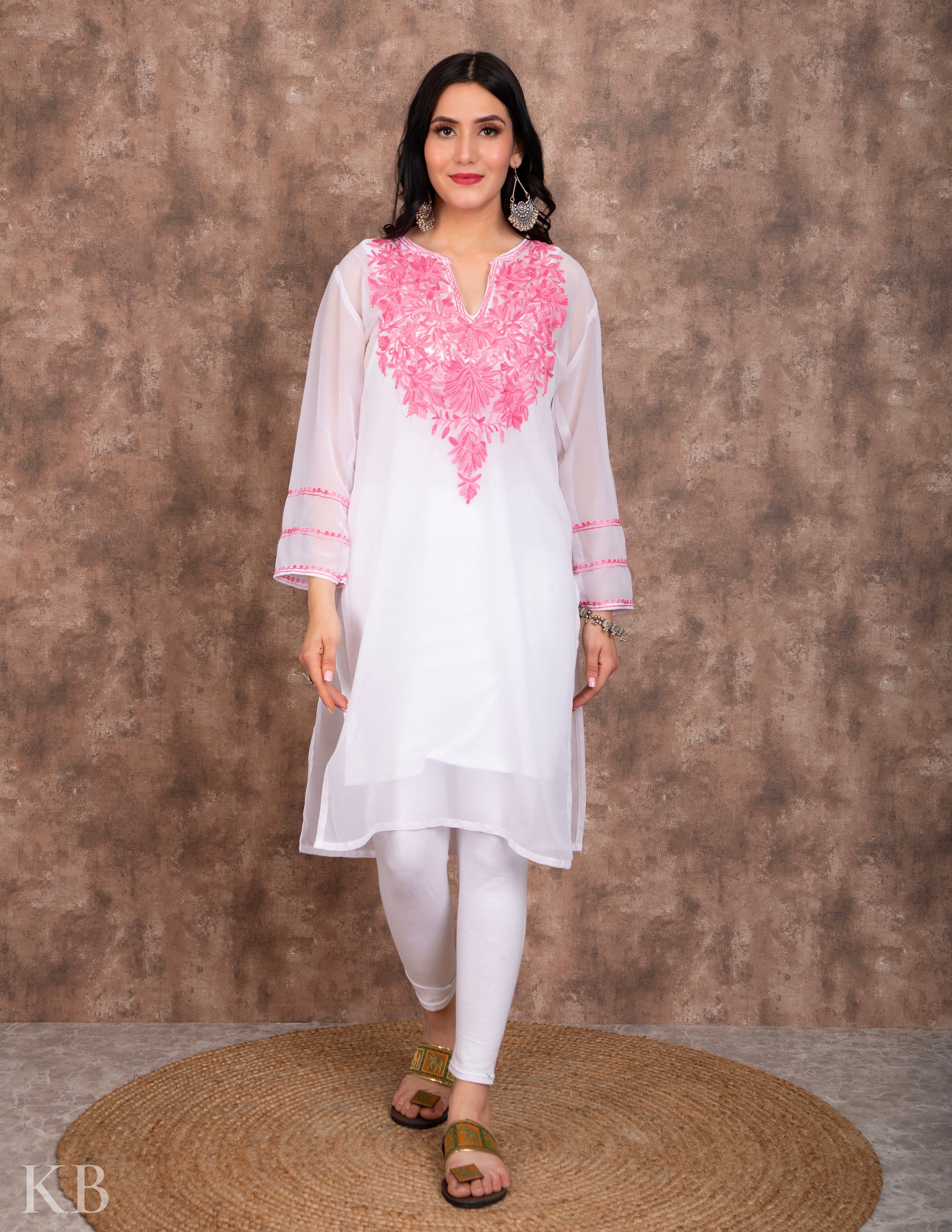 Powdered White Aari Embroidered Georgette Kurti