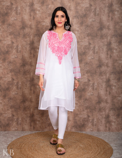 Powdered White Aari Embroidered Georgette Kurti