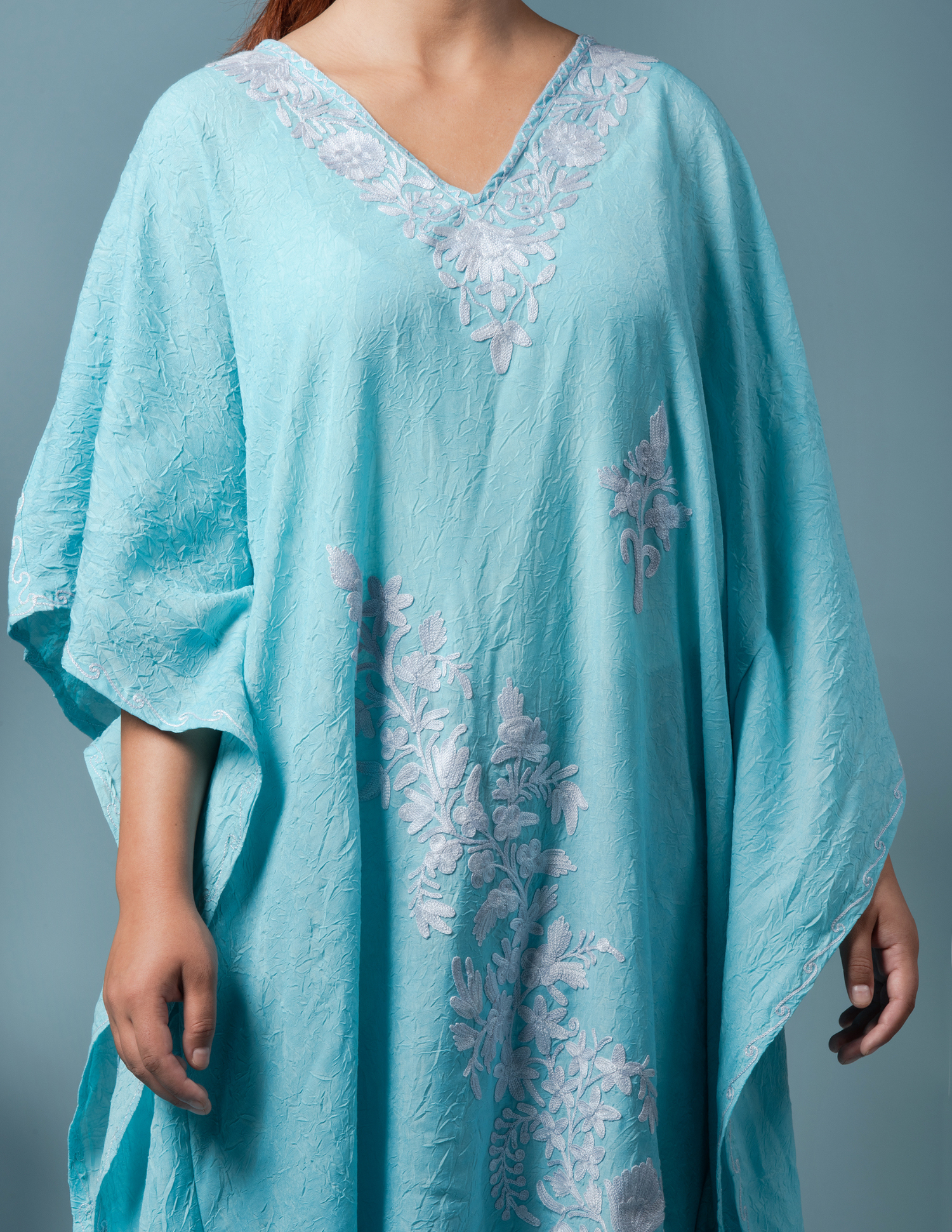 Blue Grey Aari Embroidered Cotton Kaftan - Kashmir Box