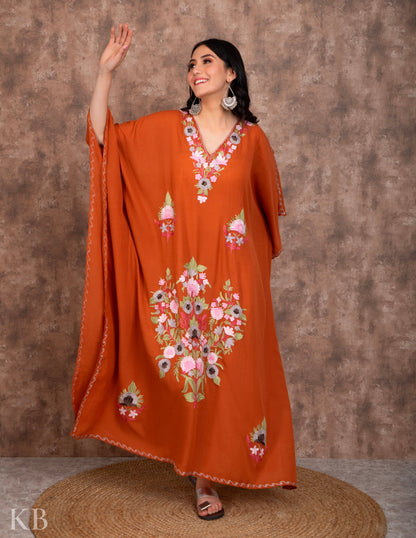 Peach Aari Embroidered Kaftan - Kashmir Box