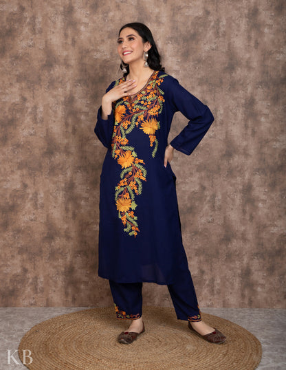 Floral Aari Dark Blue Cotton Suit - Kashmir Box