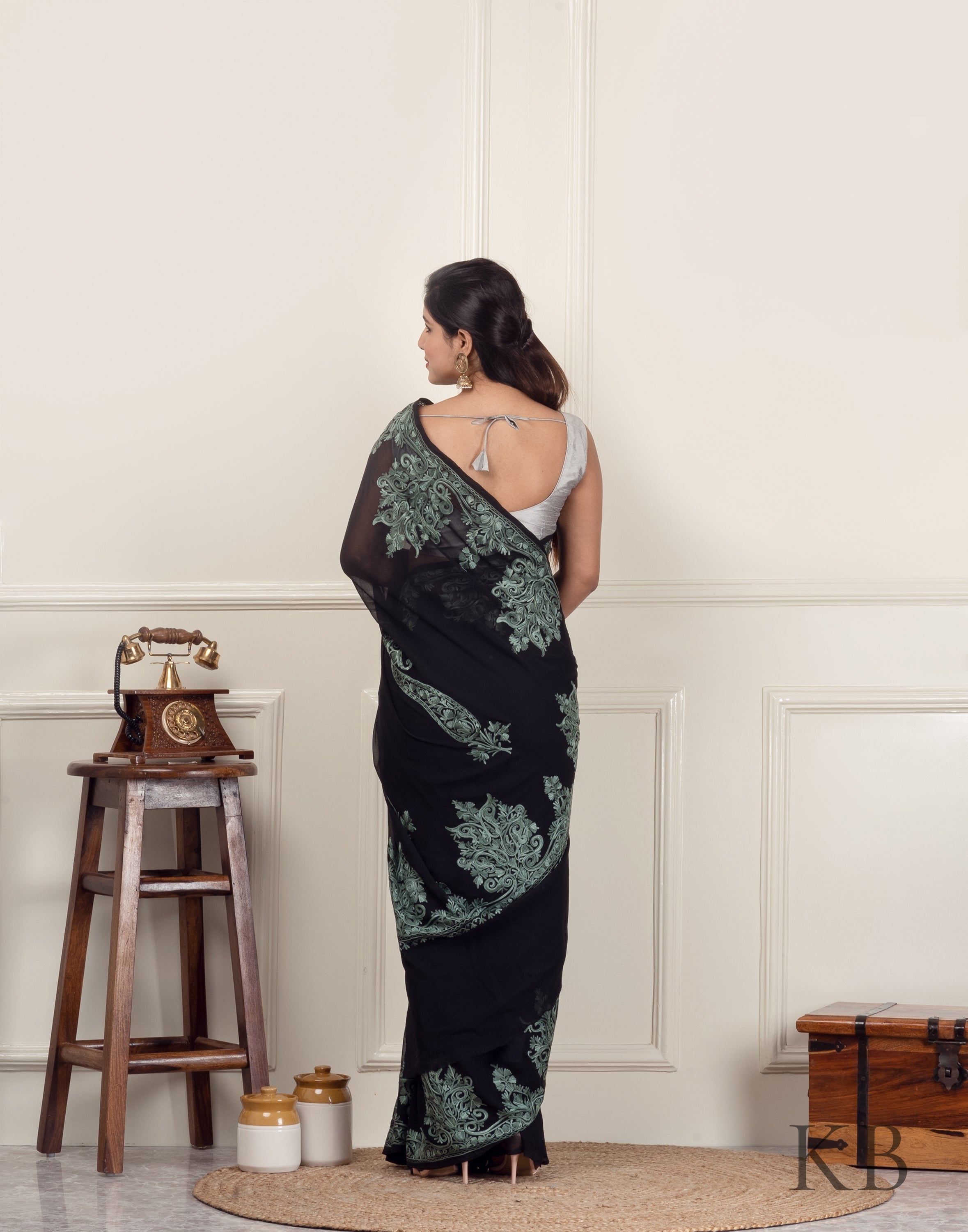 Black Aari Border Embroidered Georgette Saree - Kashmir Box