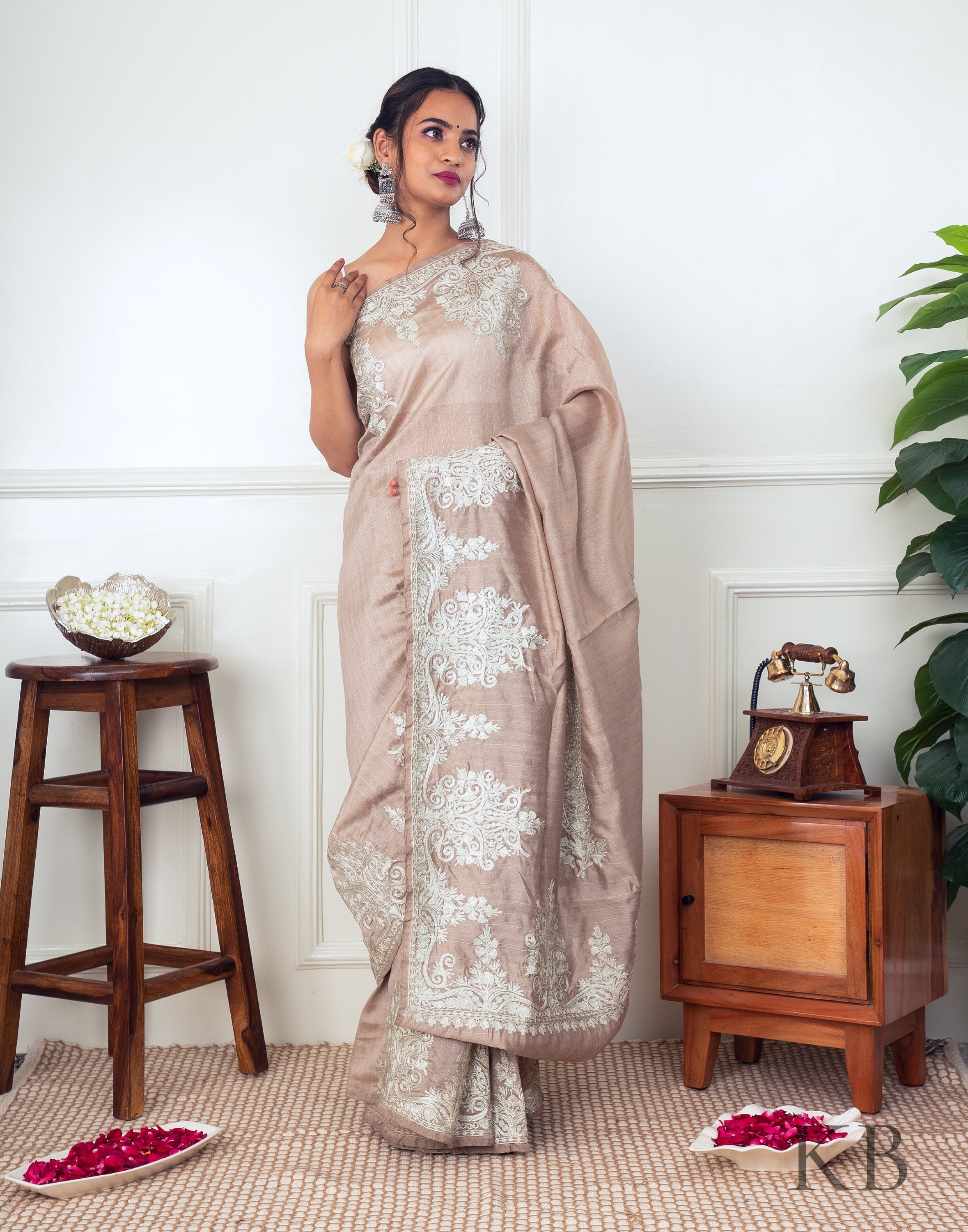 White Zari Border Fawn Silk Saree - Kashmir Box