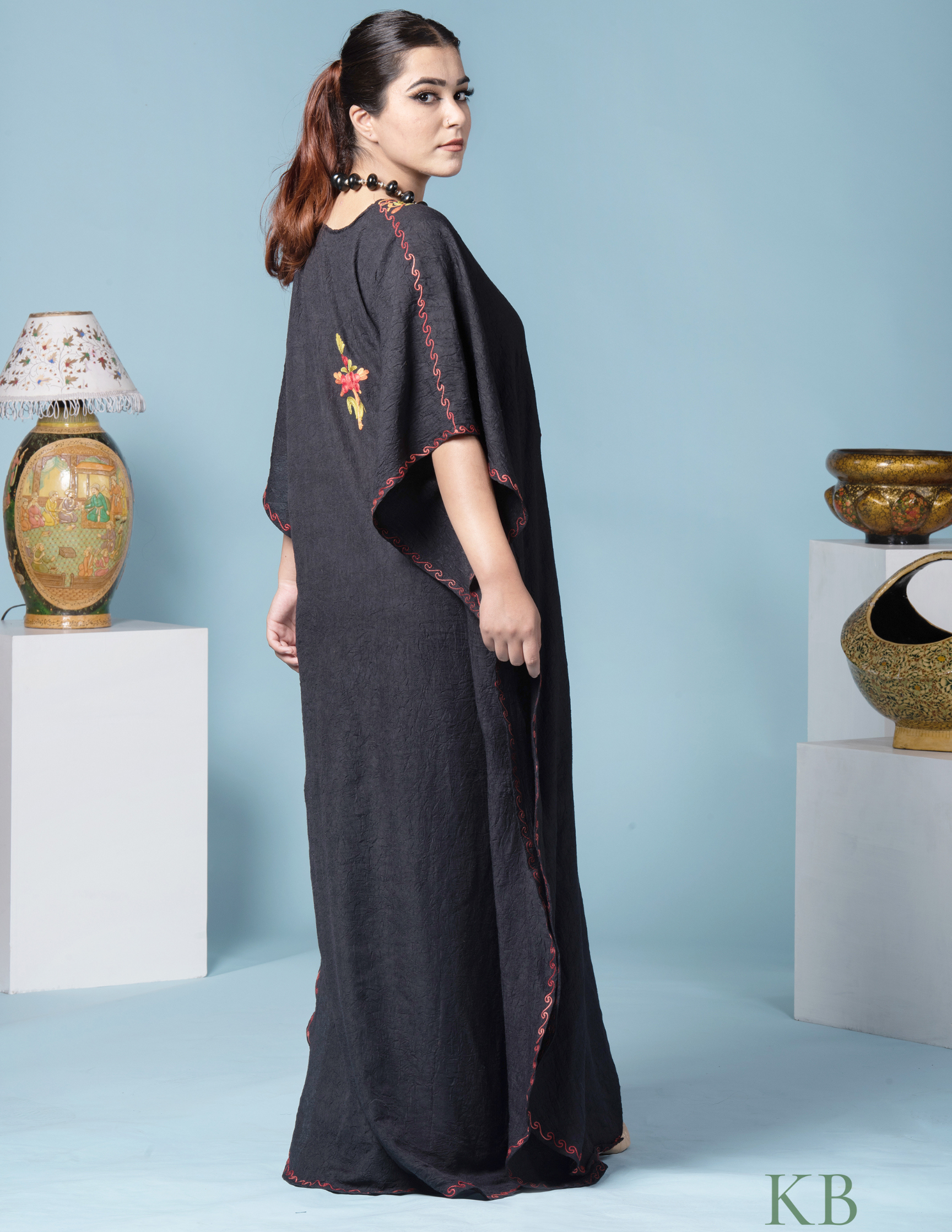 Black Floral Aari Embroidered Cotton Kaftan - Kashmir Box