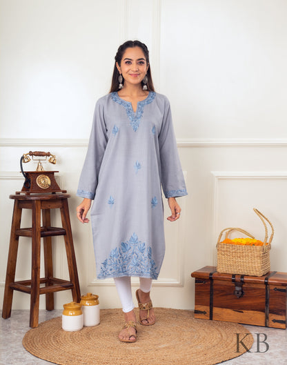 Subtle Stone Grey Aari Embroidered Cotton Kurti