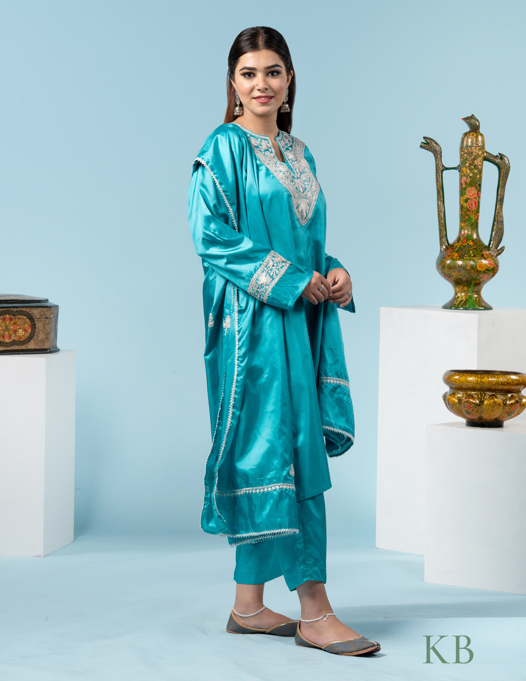 Khushi Tilla Embroidered Sky Blue Silk Suit with 2.5 Meters Dupatta - Kashmir Box