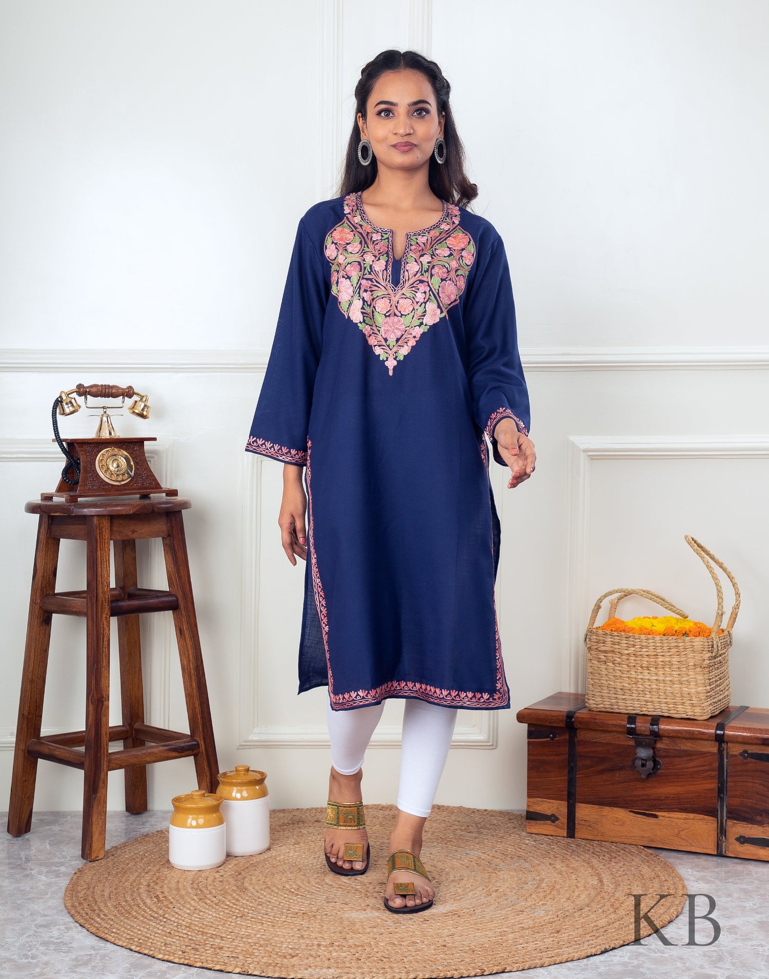 Full Neck Design Aari Embroidered Cotton Kurti