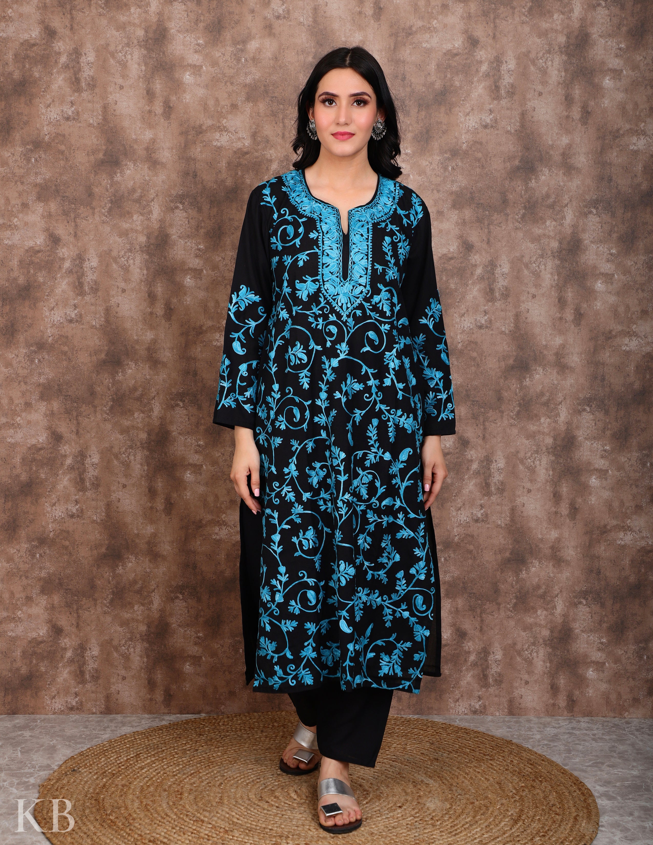 Sea Green Aari Embroidered Summer Suit - Kashmir Box