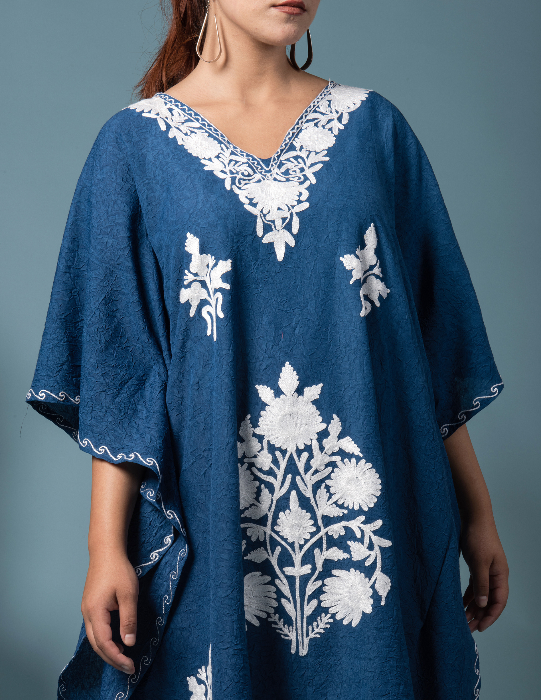 Classic Blue Aari Embroidered Short Kaftan - Kashmir Box