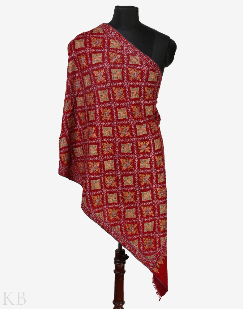 Surkh E Jama Sozni Pashmina Stole - Kashmir Box