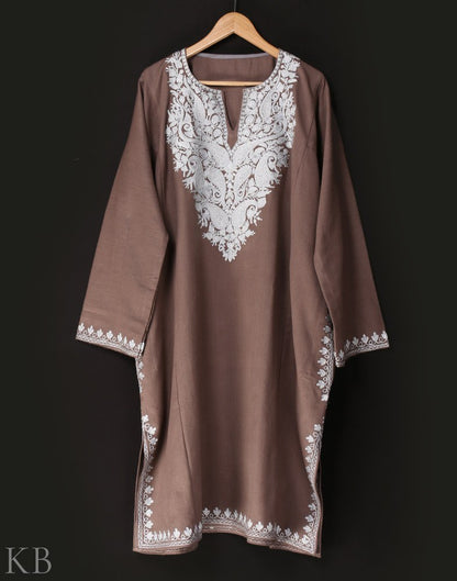 Natural Zari Embroidered Cashmilon Phiran - KashmirBox.com