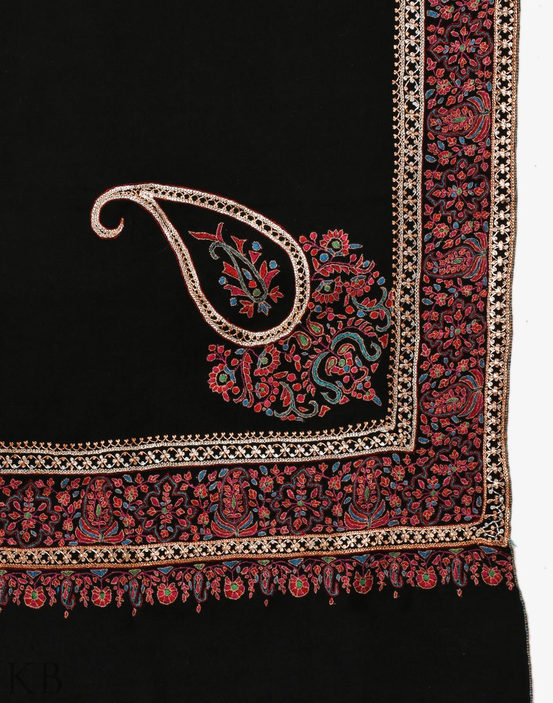 Black Embroidered Doordaar Cashmere Shawl - Kashmir Box