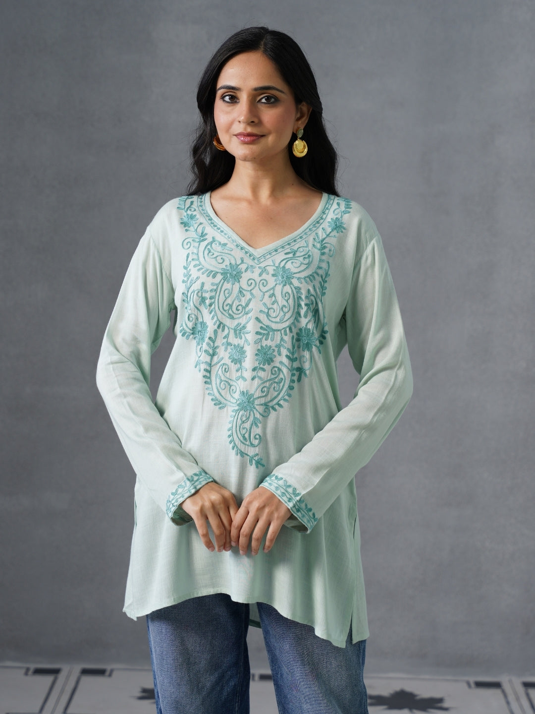 Women’s Light Blue Kashmiri Aari Embroidered Floral Short Kurti – Casual &amp;amp; Office Wear