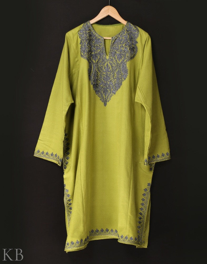 Light Green Zari Embroidered Cashmilon Phiran - KashmirBox.com