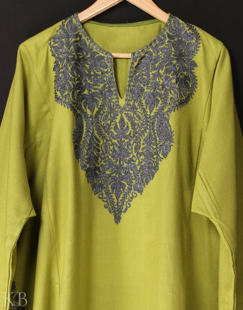 Light Green Zari Embroidered Cashmilon Phiran - KashmirBox.com