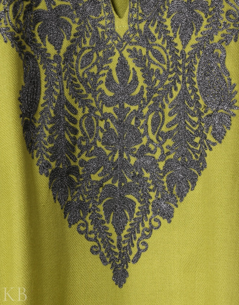 Light Green Zari Embroidered Cashmilon Phiran - KashmirBox.com