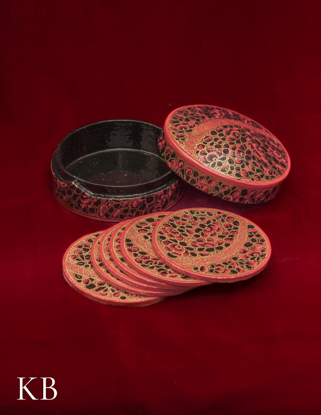 Kashmiri Papier Mâché Round Coaster Set – Hand-Painted Red Floral (Set of 6) | Artisan-Made | Handcrafted Heritage