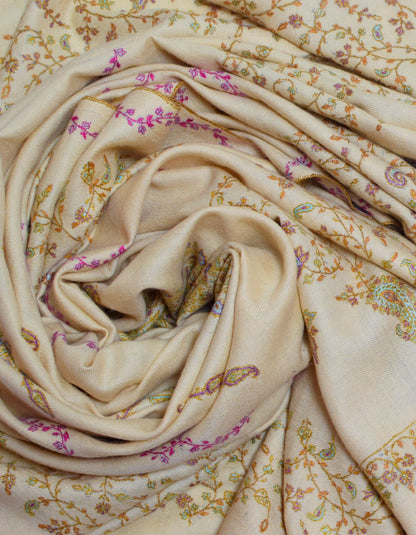 Buttercream Handwoven Border Embroidered Cashmere Pashmina Shawl