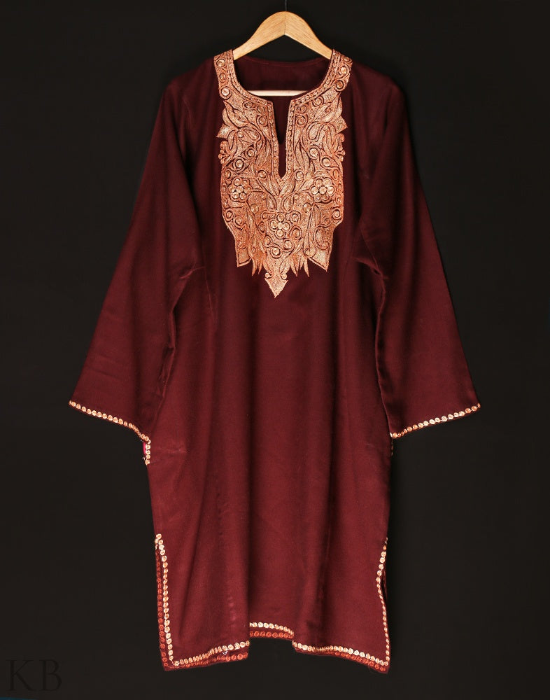 Maroon Tilla Embroidered Cashmilon Phiran - KashmirBox.com