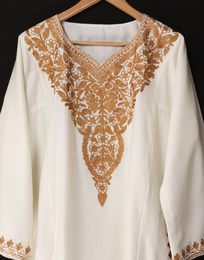 White Zari Embroidered Cashmilon Phiran - KashmirBox.com