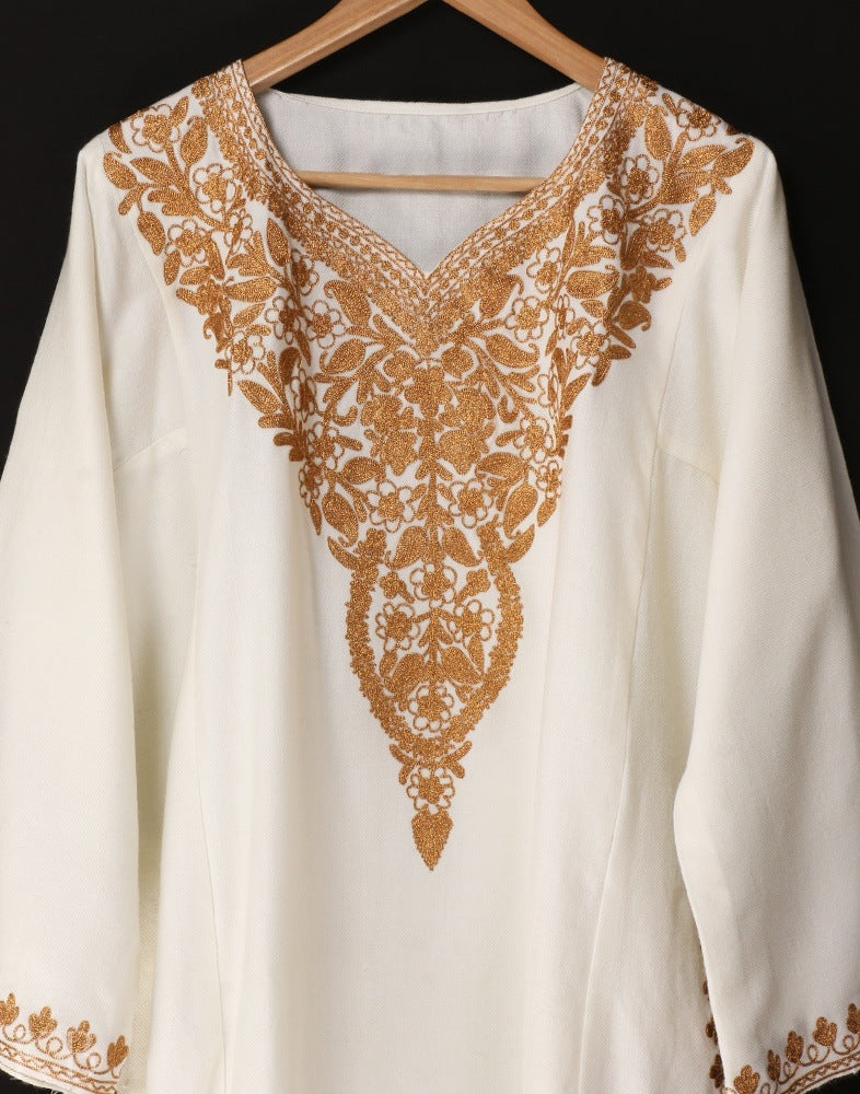 White Zari Embroidered Cashmilon Phiran - KashmirBox.com