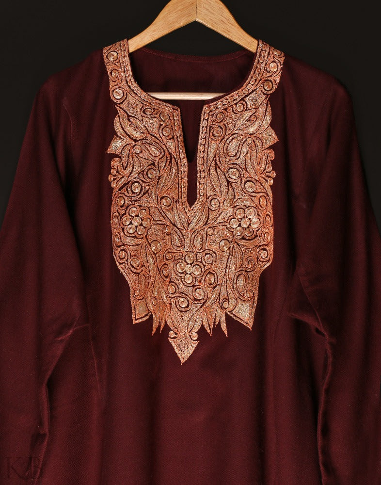 Maroon Tilla Embroidered Cashmilon Phiran - KashmirBox.com