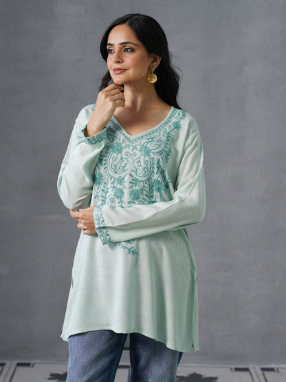 Women’s Light Blue Kashmiri Aari Embroidered Floral Short Kurti – Casual &amp;amp; Office Wear