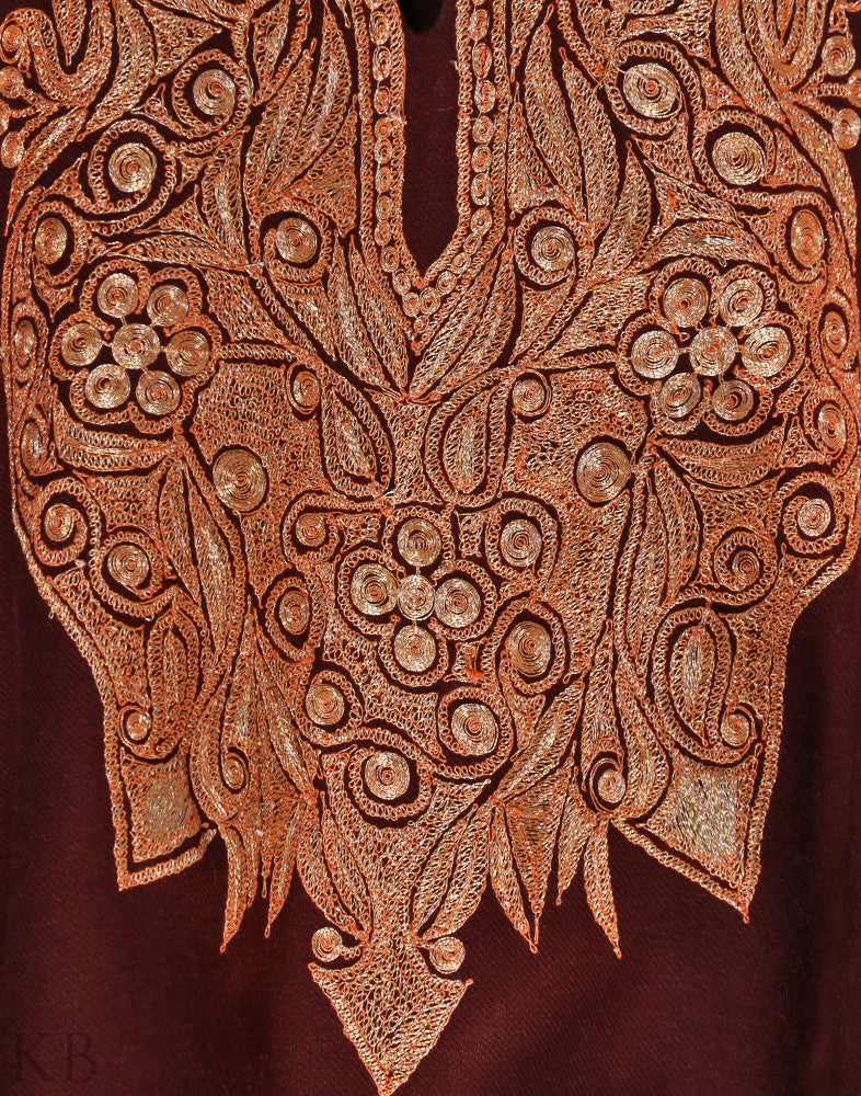 Maroon Tilla Embroidered Cashmilon Phiran - KashmirBox.com