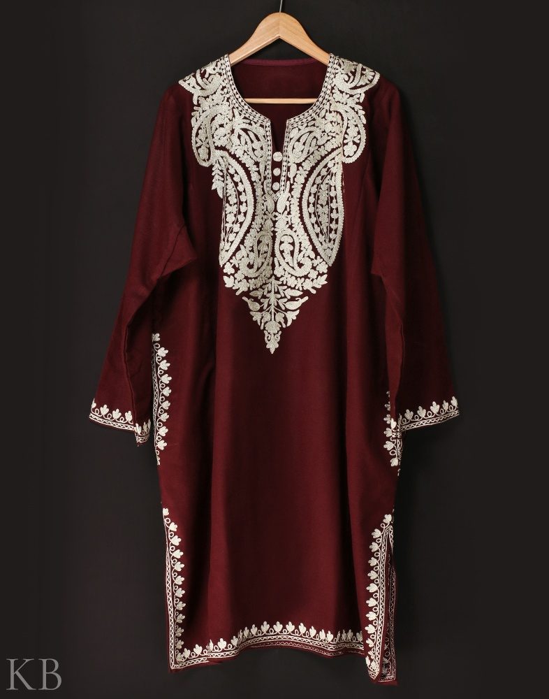 Maroon Zari Embroidered Cashmilon Phiran - KashmirBox.com