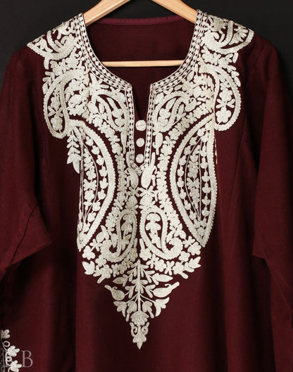 Maroon Zari Embroidered Cashmilon Phiran - KashmirBox.com