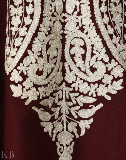 Maroon Zari Embroidered Cashmilon Phiran - KashmirBox.com