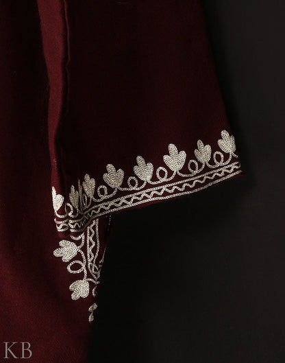 Maroon Zari Embroidered Cashmilon Phiran - KashmirBox.com