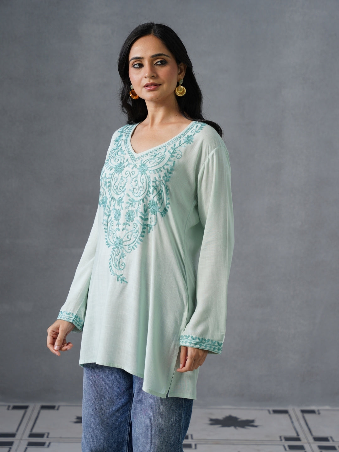 Women’s Light Blue Kashmiri Aari Embroidered Floral Short Kurti – Casual &amp;amp; Office Wear