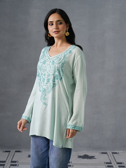 Women’s Light Blue Kashmiri Aari Embroidered Floral Short Kurti – Casual &amp;amp; Office Wear