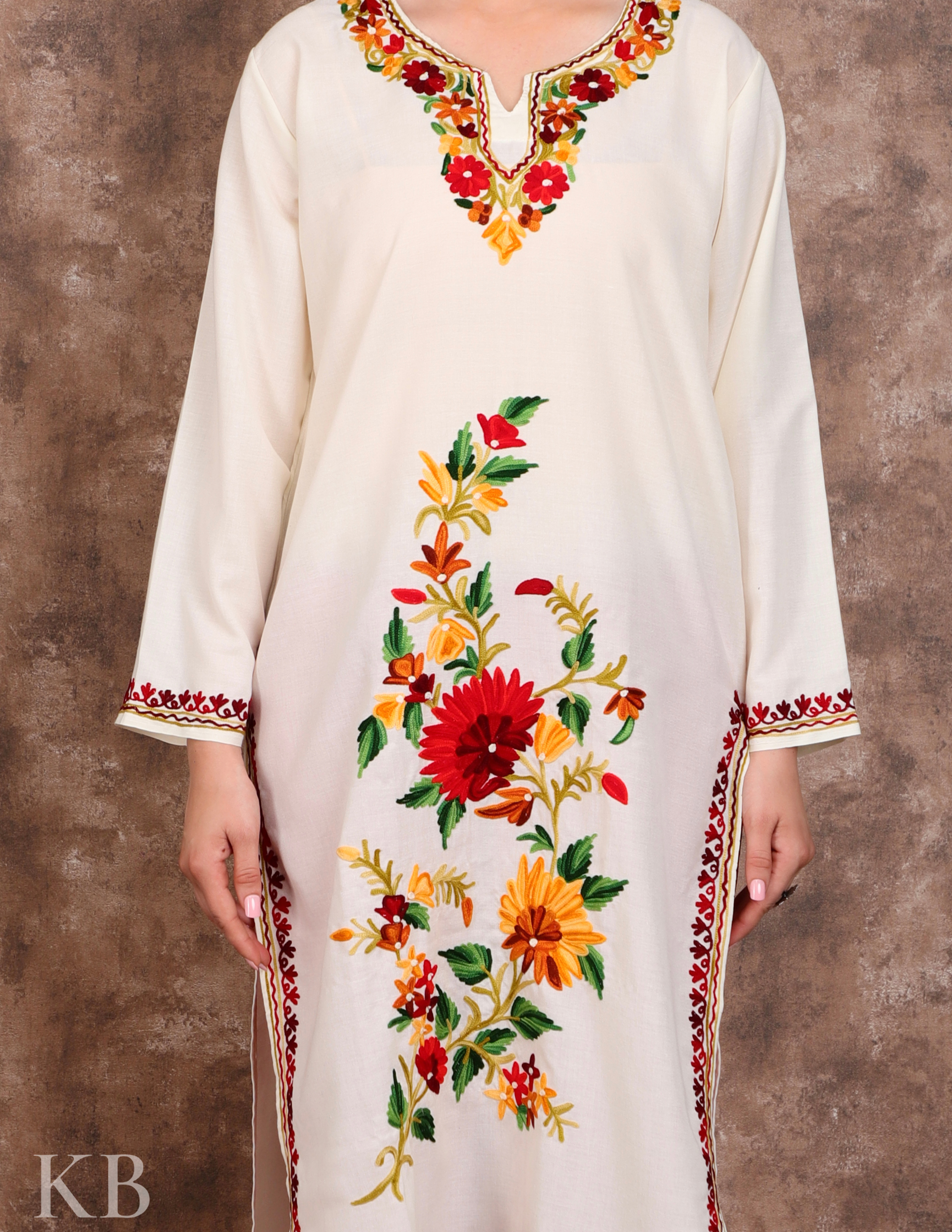 Sunflower Sprout Aari Embroidered Cotton Kurti