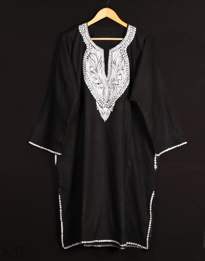 Black Tilla Embroidered Cashmilon Phiran - KashmirBox.com