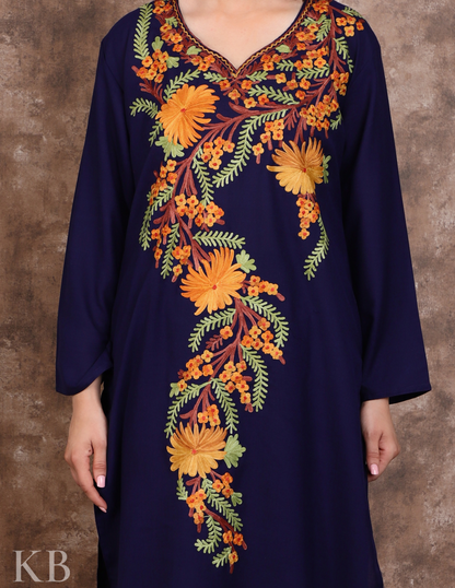 Floral Aari Dark Blue Cotton Suit - Kashmir Box