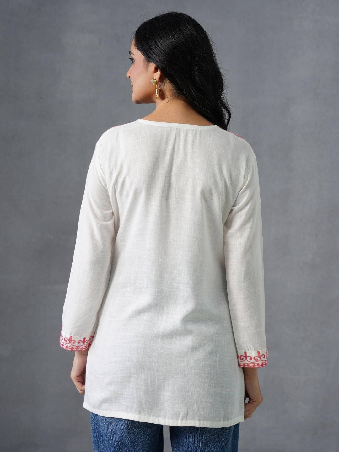 Women’s White Kashmiri Aari Embroidered Red Floral Short Kurti – Casual &amp; Office Wear