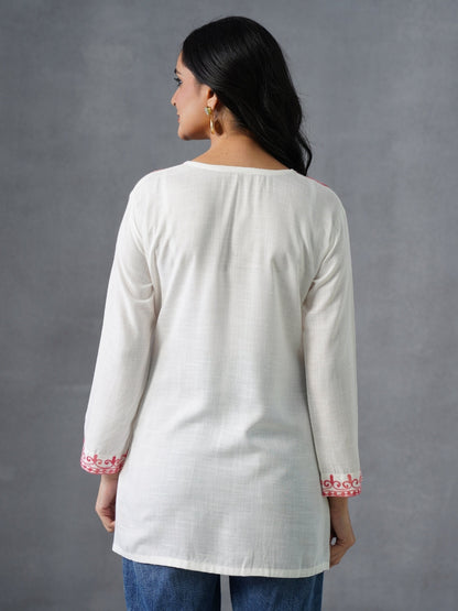 Women’s White Kashmiri Aari Embroidered Red Floral Short Kurti – Casual &amp; Office Wear
