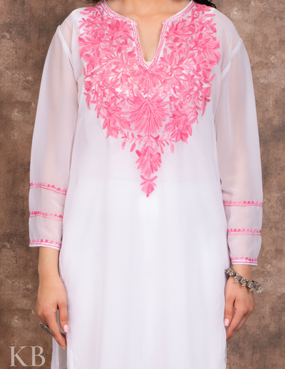 Powdered White Aari Embroidered Georgette Kurti