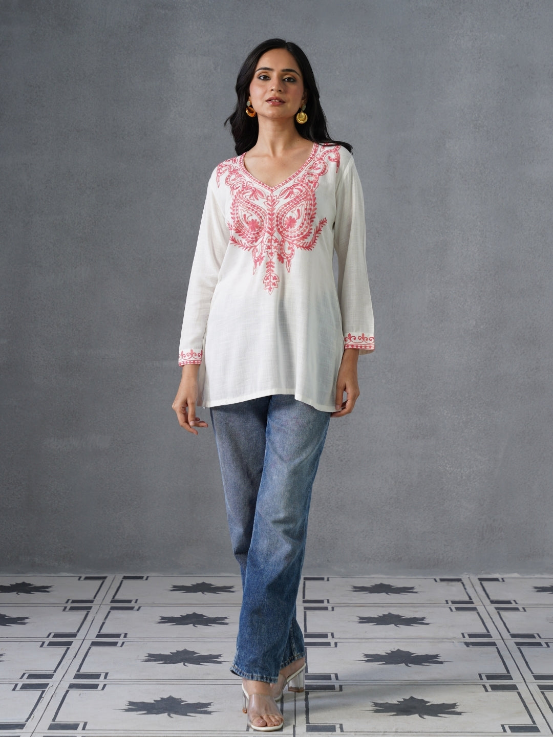 Women’s White Kashmiri Aari Embroidered Red Floral Short Kurti – Casual &amp; Office Wear