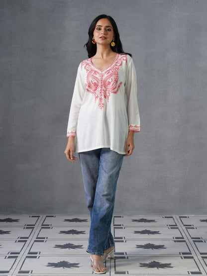 Women’s White Kashmiri Aari Embroidered Red Floral Short Kurti – Casual &amp; Office Wear